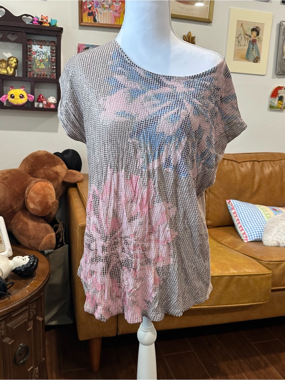 Floral  off the shoulder Short-Sleeve Top - Pink & Blue